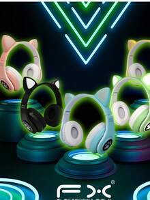 Pink Cat Ear Headphones, Bluetooth With LED Lights, Foldable, Stereo Sound, USB Charging - View 3
