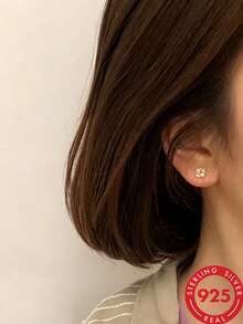 1對 925純銀十字花小眾設計極簡基礎款耳釘耳環 女款 - 十字 - 查看 1