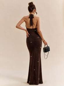 NOVELLE Women's Early Autumn Elegant Sexy Deep V-Neck Sequin Sleeveless Halter Neck Maxi Dress, Suitable For Evening Party, Halloween Outfit - Brown - View 2