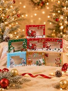 6入聖誕透明窗紙禮品盒，聖誕老人、雪人、馴鹿、薑餅人印花混款，聖誕派對裝飾、桌面裝飾、聖誕禮物、節日派對用品、聖誕快樂家居裝飾 - 彩色 - 查看 11