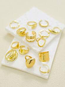 Juego de 14 piezas/set de anillos vintage lisos para mujeres, anillos de dedo geométricos creativos asimétricos, joyería punk diaria, regalos - Amarillo Oro - Ver 2