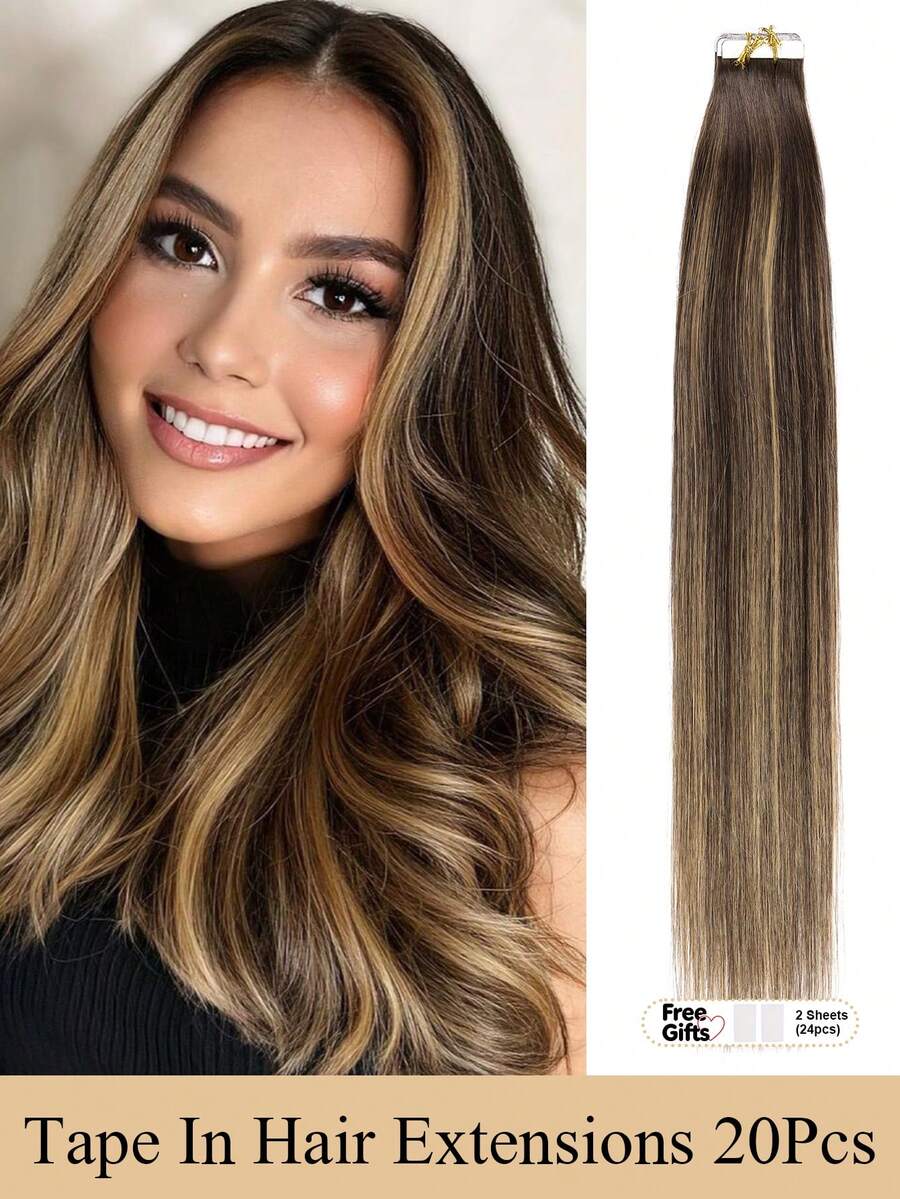 JIAMEISI Tape In Hair Extensions Human Hair, Real Human Hair Tape In Extensions, 20Pcs Ombre Medium Brown To Strawberry Blonde Tape Ins Human Hair Extensions For Women Seamless Tape In Hair Extensions Remy Human Hair