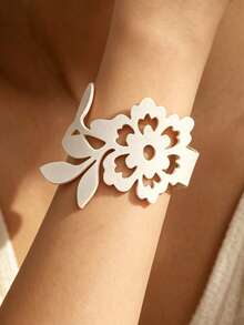 1pc Hollow Flower Charm Black Double Layer PU Leather Bracelet Elegant Subculture Gothic Style Jewelry Fashion Vintage Bangle - Black - View 13