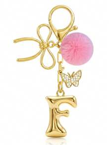 Cute Minimalist A-Z Initial Gold Keychain With Bowknot Pink Fur Ball Key Chain For Women's Bags, Daily Wear And Gift - Gold - View 14