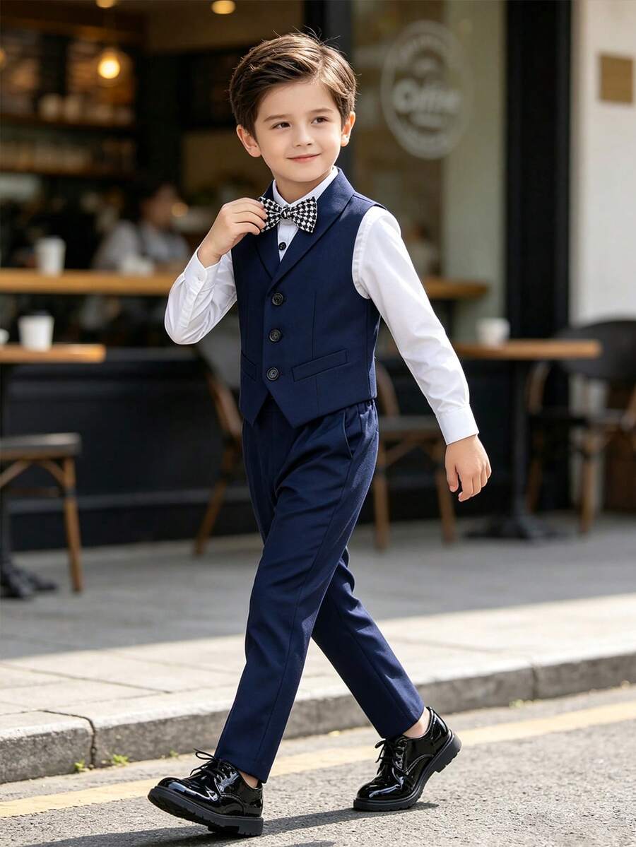 Young Boy 2pcs Set Formal Vest With Single-Breasted Buttons, Pants And Bow Tie - Navy Blue - View 1