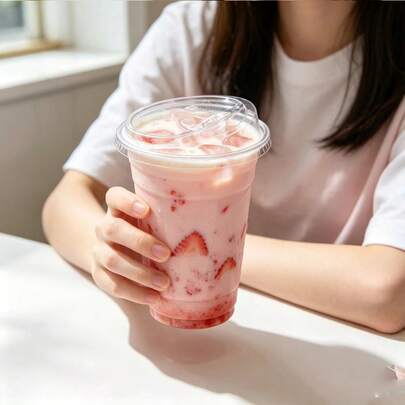 Thickened Transparent PET Disposable Milk Tea Cups With Flip Lid, Popular Strawberry Beverage Cold Drink Takeout Cups, Commercial Plastic Cups For Coffee Shop Juice And Fruit Tea;;With Sealed Flip Lid, No Leakage, Suitable For Milk Tea, Fruit Tea, Iced Drinks, Perfect For Street Stall, Coffee Shop, Takeout