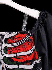 XUMPLO Girls' Dark Style Square Neck Petal Sleeve 3D Print Rose & Skull Dress For Halloween, Day Of The Dead, Party - Multicolor - View 6