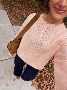 FOR BEAUTY Women's Spring/Autumn/Winter Pink Y2K Casual Long Sleeve Hollow Knit Sweater, Round Neck Fall - Shrimp Powder - View 1