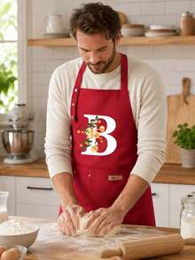 1pc Customized Letter Series Red Background Colorful Letter & Holographic Floral Pattern Cute Print Apron, Suitable For Christmas Party And Wedding. Applicable For Kitchen, Garden, Bathroom, Home Decor - Unique Initial Meaning Style, Christmas Gift - Multicolor - View 1