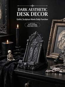 1pc Halloween Gothic Skull Phone Stand, Dark Gothic Style Desktop Phone Holder With Storage Box Function; Black Decorative Desktop Phone Stand, Halloween Home Decor Ornament. Suitable For Desk, Bedside Table, Shelf, Home Office Desktop Decoration, Perfect For Gothic Style Enthusiasts, Essential Halloween Gift - Multicolor - View 9