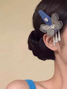 1PC Denim Blue Butterfly Tassel Hair Clip Rhinestone Decor Metal Butterfly Barrettes Vintage Daily Bun Wedding Party Women Hair Accessory - Blue - View 3