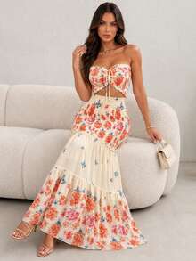 ChicMe Tropical Plant Print Maxi Tube Dress For Women, Waist Cinched Fishtail Ruffle Hem Elegant Summer Vacation Party Dress - Apricot - View 6