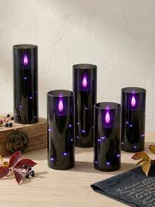 5pcs LED Flameless Candle Lights With Timer Remote Control, Battery Operated Embedded Flickering String Lights, Suitable For Halloween, Christmas, Birthday, Gift, Party, Holiday - Black - Purple Light Edition - View 3