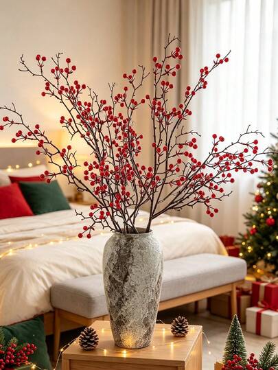 1PC Artificial Holly Red Fruit Fake Plant For Christmas Decoration, Home Decoration, Wedding Decoration, Room, Balcony, Kitchen, Dining Room, Bedroom, Living Room Decoration, Party Decoration, Halloween Decoration, Christmas Gifts, Outdoor Decoration