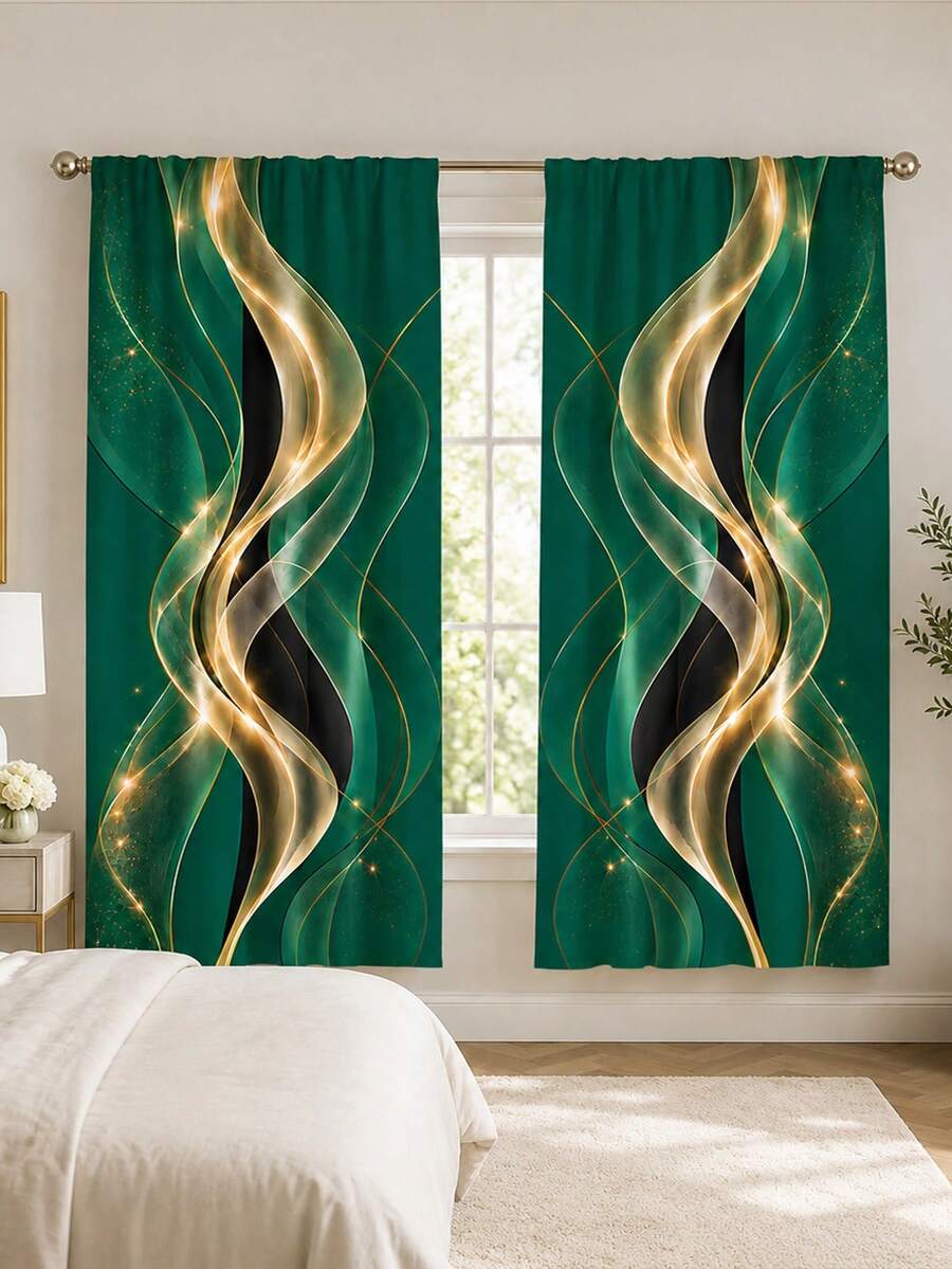 2pcs, Polyester Material, Dark Green Gold Wave Pattern Printed, Light Filtering Curtains, Suitable For Bedroom, Living Room, Office And Home Decor, Rod Pocket Design, Suitable For Rod Installation - Multicolor - View 1