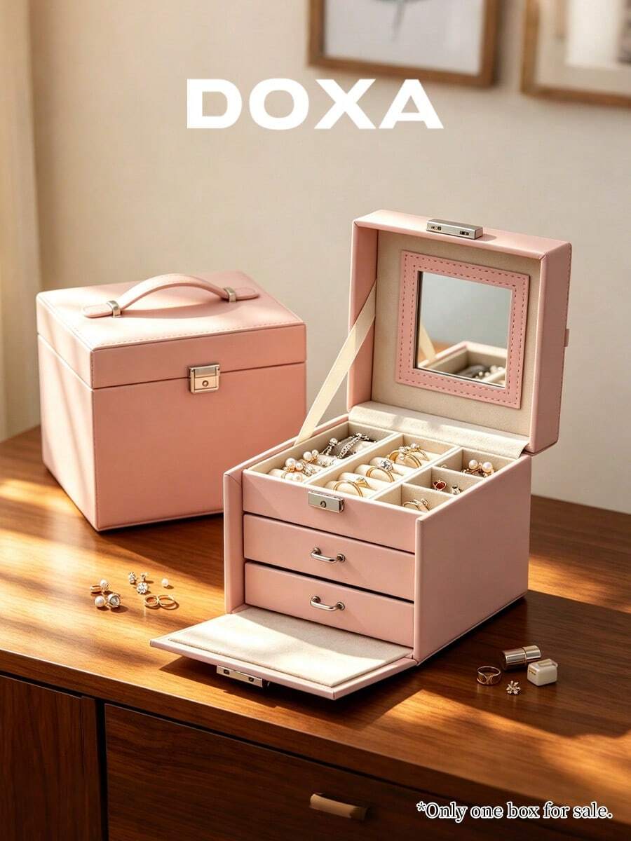 DOXA Pink Mirror Jewelry Box, Multi-Layer Drawer Jewelry Storage Box, Portable Travel Jewelry Organizer With Handle - Pink - View 1