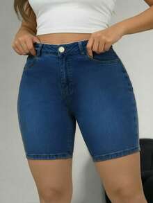 Comfortable Casual Slim Fit Mid-Waist Denim Shorts, Plus Size Design With Pockets, Distressed Wash, Suitable For Spring/Summer - Dark Wash - View 4