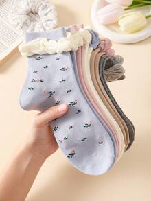 5 Pairs Ins Style Ruffled Ditsy Floral Mid-Calf Socks, Japanese Cute JK Lolita Student Slouch Socks For Girls, Soft And Comfortable, White And Pink, Suitable For Daily Wear And All Seasons - Multicolor - View 7