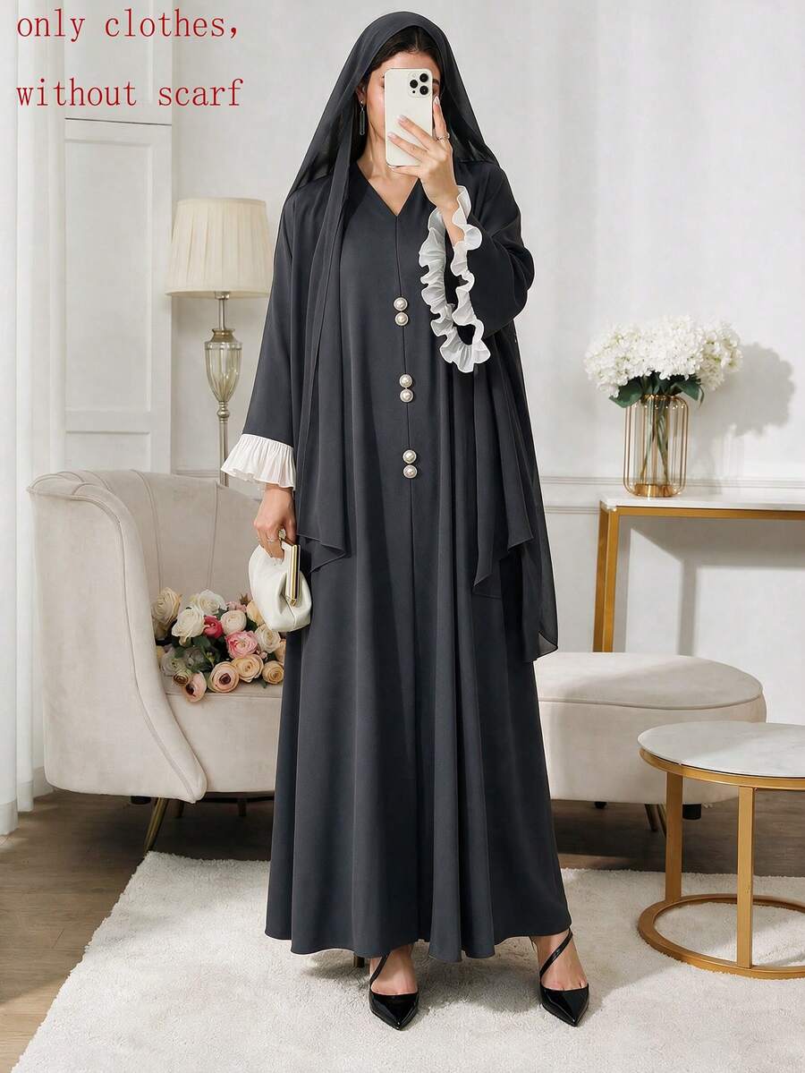 Women's Autumn Solid Color Conservative Long Dress, V-Neck Design, Casual Loose Daily Party Long Dress Fall - Dark Grey - View 1