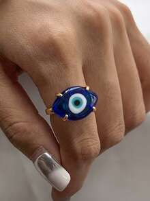 1pc Exaggerated Dark Gothic Style Alloy Demon Eye Blue Eye Open Adjustable Ring, Suitable For Women's Daily Wear, Party, Halloween, Gift - Blue - View 1