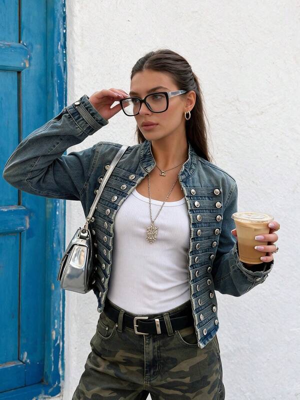 FGGG Women's Spring/Summer Navy Blue Loose Fit Cropped Waist Small Stand Collar Commute Date Versatile Napoleon Style Vintage Denim Jacket