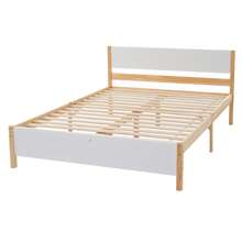 Double Bed, Wooden Bed, Pine Wood Frame With Center Foot, Youth Bed, Adult Bed, With Headboard And Footboard Made Of MDF, White And Natural, 140x200 Cm, 207 X 147 X 82 Cm - White - View 7
