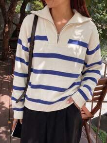 1pc Girls' Teen Fashion Striped Half-Button Front Long Sleeve Warm Knit Sweater, Spring/Autumn/Winter - Blue - View 5