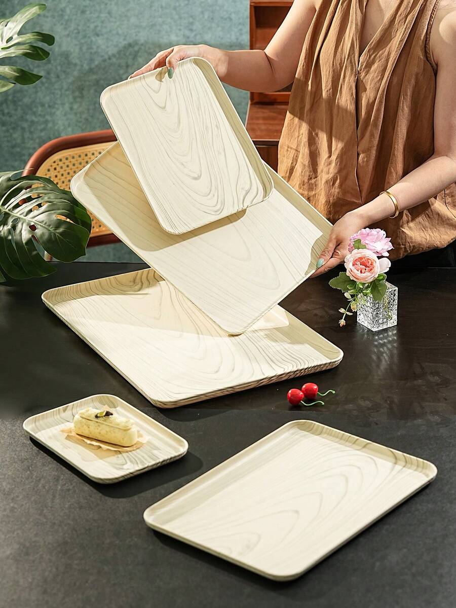 Light Wood Grain Tray, Used For Holding Food, Snacks, Drinks, Breakfast, Coffee, Rectangular Serving Tray, Durable Plastic PP Material - Beige - View 1