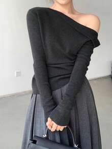 Sweater Hitam Chic Tanpa Bahu, Atasan Lapisan Dasar yang Melangsingkan untuk Wanita, Atasan Rajut Tanpa Bahu Musim Gugur/Dingin - Dark Grey - View 5