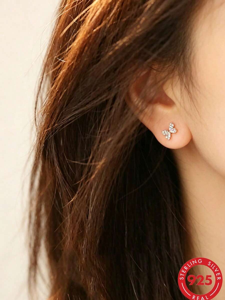 1 Pair 925 Sterling Silver Diamond Mini Bow Shiny Stud Earrings, Versatile All-Match Style - Bow - View 1