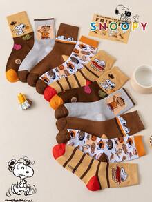 1/5/10 Pairs Snoopy Socks, Maillard Vintage Style Mid-Calf Socks, Color Block Striped Personalized Print, Daily Wear, Fun Christmas Gift - Multicolor - View 14