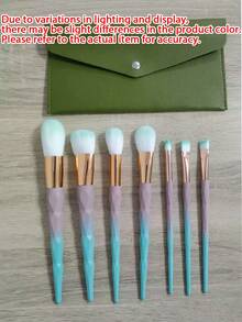 Soft Aesthetic Style Synthetic Bristle Plastic Handle Diamond Cut Faceted Design Pink Green Gradient Rose Gold Metal Band 7pcs Makeup Brush Set With PU Storage Bag Suitable For Foundation Blush Eyeshadow Blending Birthday Gift Travel Vanity All Season Use - Multicolor - View 11