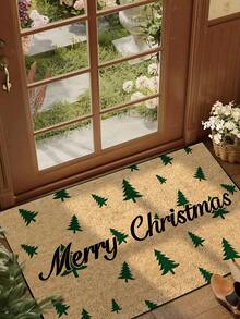 1pc, Winter Christmas Green Christmas Tree Blessing Pattern Door Mat, Seasonal Style Machine Washable Polyester Fiber Mat, Suitable For Indoor, Party, Daily Decoration, All Season Use - Yellow - View 2
