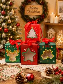 5pcs/10pcs Christmas Window Gift Boxes, Thickened White Cardboard Square Shape, Ribbon Handle With Bow, Unique Transparent Window, Christmas Tree Star Reindeer Pattern, Easy To Fold Candy Dessert Packaging Gift Box, Suitable For Christmas New Year Party Children Gifts - View 2