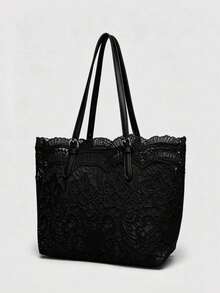 Lace Fairy Style Women's Tote Bag, New Casual Commute Large Capacity Handbag Shoulder Bag - Black - View 5