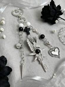 Vintage Dark Angel Wing Keychain, Cross Bag Charm, Y2K Girly Punk Bag Accessory - Multicolor - View 1