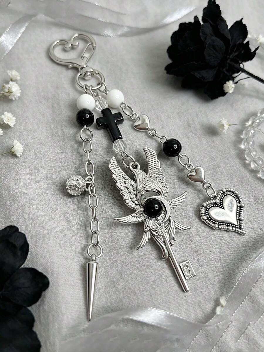 Vintage Dark Angel Wing Keychain, Cross Bag Charm, Y2K Girly Punk Bag Accessory - Multicolor - View 1