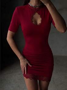 Fantasy Women's Short Sleeve Cut Out Summer High Neck Lace Dress Wine Red Mini Dress Night Out Evening Cocktail Party Dress Sexy Clothes - Burgundy - View 5