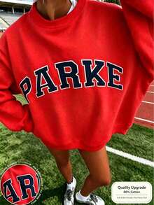 2026New Arrival Bestseller Women's Casual "PARKE" Letter Print Loose Pullover Sweatshirt, Encountering Lazy Fashion, Women's Graphic Tops Clothes. - 紅色 - 查看 9