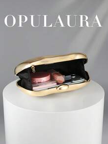 OpulAura Gold European Style Women's Acrylic Minaudiere Clutch, Asymmetric Box Design With Color-Block Clasp, For Parties, Banquets, Valentine's Day - Gold - View 3