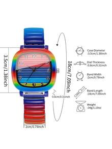 Women's Square Rainbow Gradient Quartz Watch, Elastic Expandable Band Rainbow Gradient Digital Dial Niche Design Wristwatch, Exquisite Gift For Girlfriend (1pc/Set) Watch Box Not Included - Multicolor - View 5