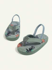 1 Pair Toddler Boys & Girls Light Green Ocean Creature Print Flip Flops Open Toe Thong Sandals Flat Casual Comfortable Lightweight Suitable For Beach Swimming Summer Vacation (Random Pattern) - Green - View 3