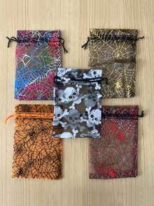 Gift For Her/Him 12pcs Assorted Colors Halloween Organza Drawstring Gift Bags, Transparent Fabric Candy Bags With Foil Printed Spider Web, Ghost, Skull, Bat Patterns, Lightweight And Durable Holiday Party Snack Packaging Bags, Suitable For Classroom, Home, Store, Gift Counter - One Size Fits All - View 5