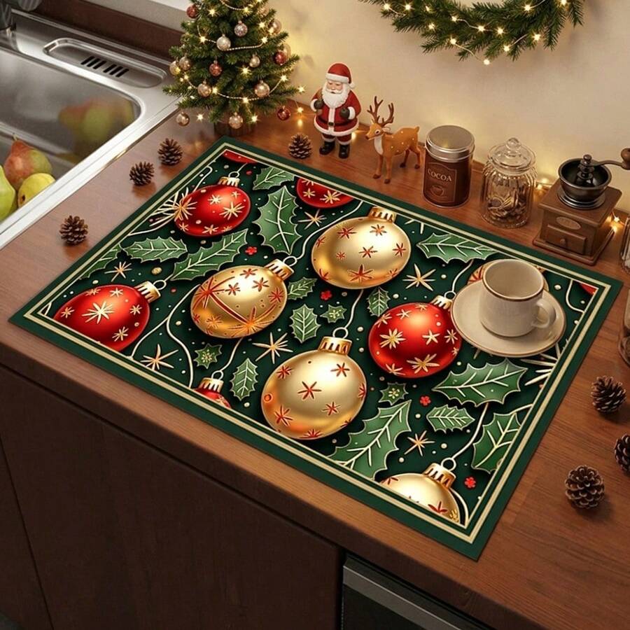1pc Dish Drying Mat, Coffee Machine Mat, Christmas Holly Decorative Pattern Dish Drying Mat, Absorbent Quick-Dry Table Protector, Suitable For Holiday Gatherings Restaurant Tabletop, Non-Slip Multi-Functional Placemat, Cute Christmas Atmosphere Bowl & Plate Draining Mat, Home Gift, Tabletop Decor