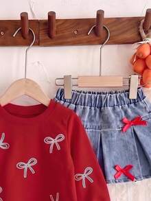 Baby Girl Fashion Bow Pattern Print Crew Neck Long Sleeve Sweatshirt And 3D Bow Decor Ruched Denim Skirt Set - Red - View 4