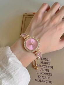 1pc Women's Quartz Watch, Pink Crystal Bead Drawstring Bracelet Watch, Crystal Inlaid Alloy Case, Minimalist Diamond Dial, Gift, Daily Wear - Pink - View 2
