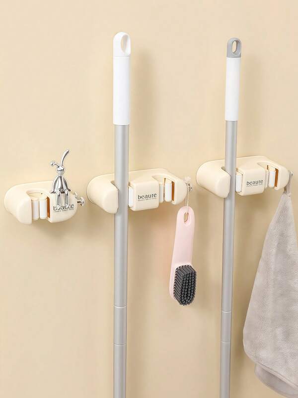 Cream Wall Mounted Mop Broom Holder Strong Adhesive No Drill Cleaning Tool Organizer With Hooks Space Saving Storage Rack For Bathroom Kitchen Laundry Room Garage Entryway Home Organization
