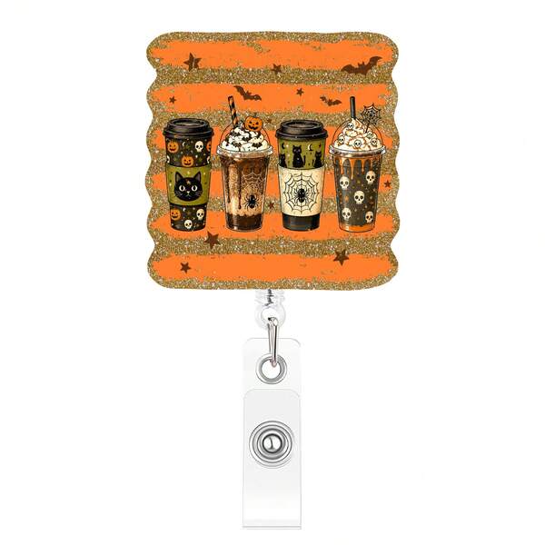 TONAVIETO 1pc Orange Brown Halloween Sweet Coffee Badge Reel Acrylic Retractable Badge Holder Clip With Swivel Alligator Clip For Nurse Doctor Teacher
