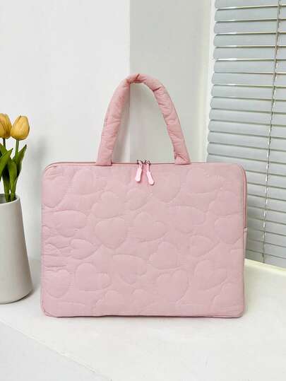 Heart Quilted Laptop Tote Bag, Minimalist Handheld Style With Zipper Closure, Fresh And Sweet Aesthetic, Simple And Gentle, Suitable For Students And Daily Commute, Combines Style And Practicality