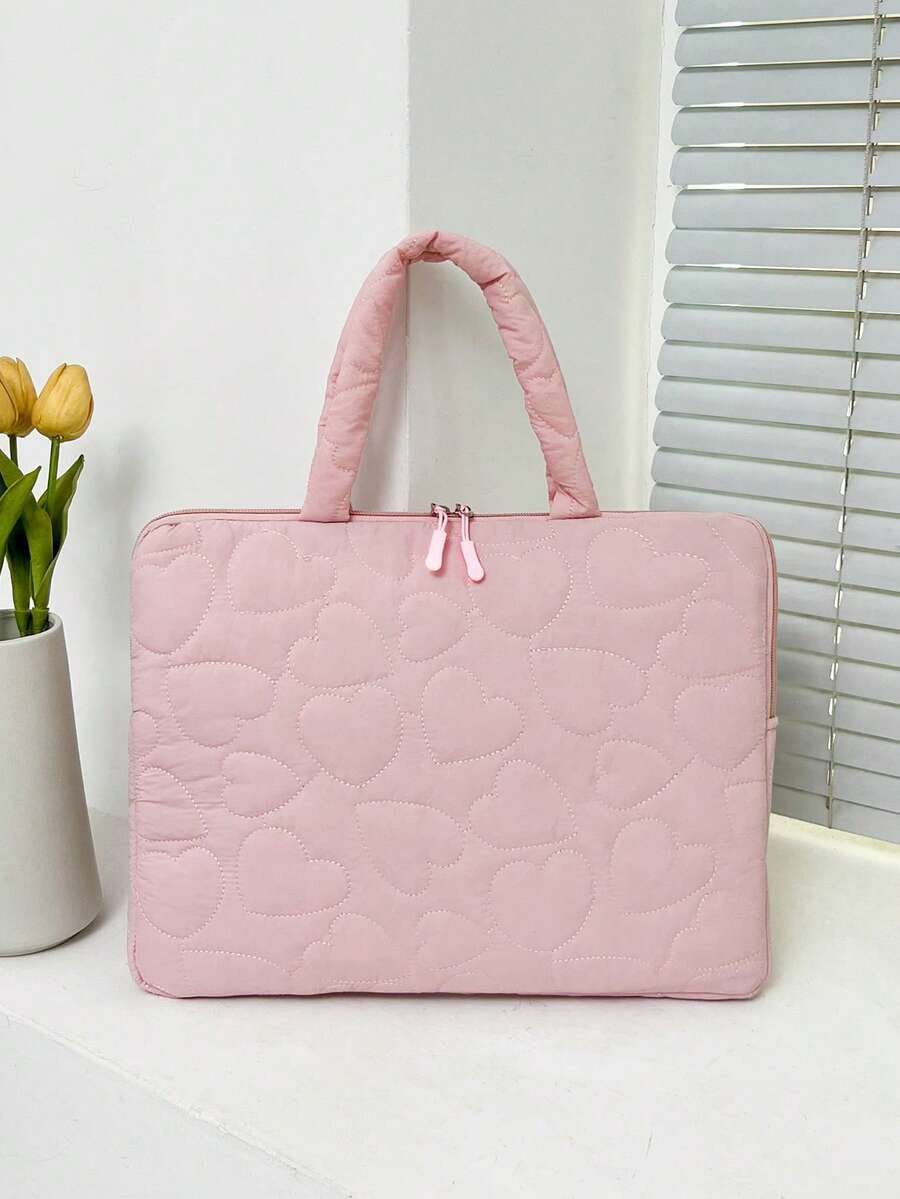 Heart Quilted Laptop Tote Bag, Minimalist Handheld Style With Zipper Closure, Fresh And Sweet Aesthetic, Simple And Gentle, Suitable For Students And Daily Commute, Combines Style And Practicality - Multicolor - View 1